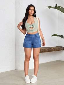 Flexra 女士弹力腰紧身休闲百搭牛仔短裤 - 藍色 - 查看 7