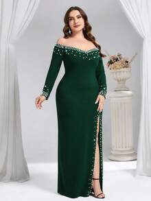 Coutiva Plus Size Solid Color Faux Pearl Off-Shoulder Split Maxi Formal Evening Gown (Heavily Embellished) - Dark Green - View 6