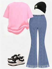 Spring And Summer Young Girl Casual Fashion Creative Personalized Refreshing Minimalist White Bow Denim-Effect Letter Graphic Print Tee And Flare Pants Set, Comfortable Daily Wear - Multicolor - View 2