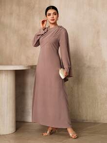 Graceveil Women's Solid Color Metal Decor Elegant Modest Muslim Long Dress,Pink And Brown Autumn Party Dining Abaya Cape Detail Formal Wedding Guest Dresses - Light Grey - View 4