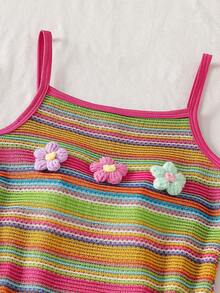 Sparklyn Girls' Sweet Rainbow Pink Stripe Summer Boho Cute Beach Holiday Dress,Knitted Jacquard 3D Floral Spaghetti Strap Sundress With Crossbody Bag - Multicolor - View 3