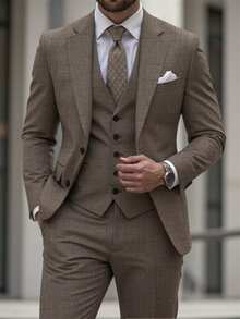 Manfinity Bizformal 男士西装 绅士简约修身单排扣商务三件套西装 男士西装外套马甲西裤套装 婚礼派对 假日旅行 香槟色 - 卡其色 - 查看 4