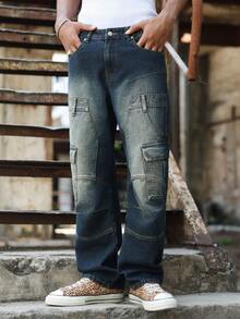 Manfinity EMRG Quần jeans nam dáng suông ống đứng, chất liệu denim denim rách, kiểu dáng đường phố năng động, thích hợp cho mùa xuân/hè. - Màu xanh lam - Xem 4