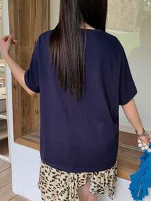 Dazy Plus 撞色条纹圆领宽松短袖粉色T恤，春夏宽松款 - 藏蓝色 - 查看 2