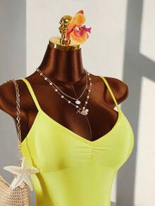 Amplova Conjunto de 2 piezas de mujer con camisola acanalada verde neón y minifalda ajustado con lentejuelas sexy - Amarillo - Ver 5