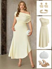 Roveilla 大码休闲优雅不对称肩部不对称下摆度假连衣裙，春夏款 - 黃色 - 查看 10