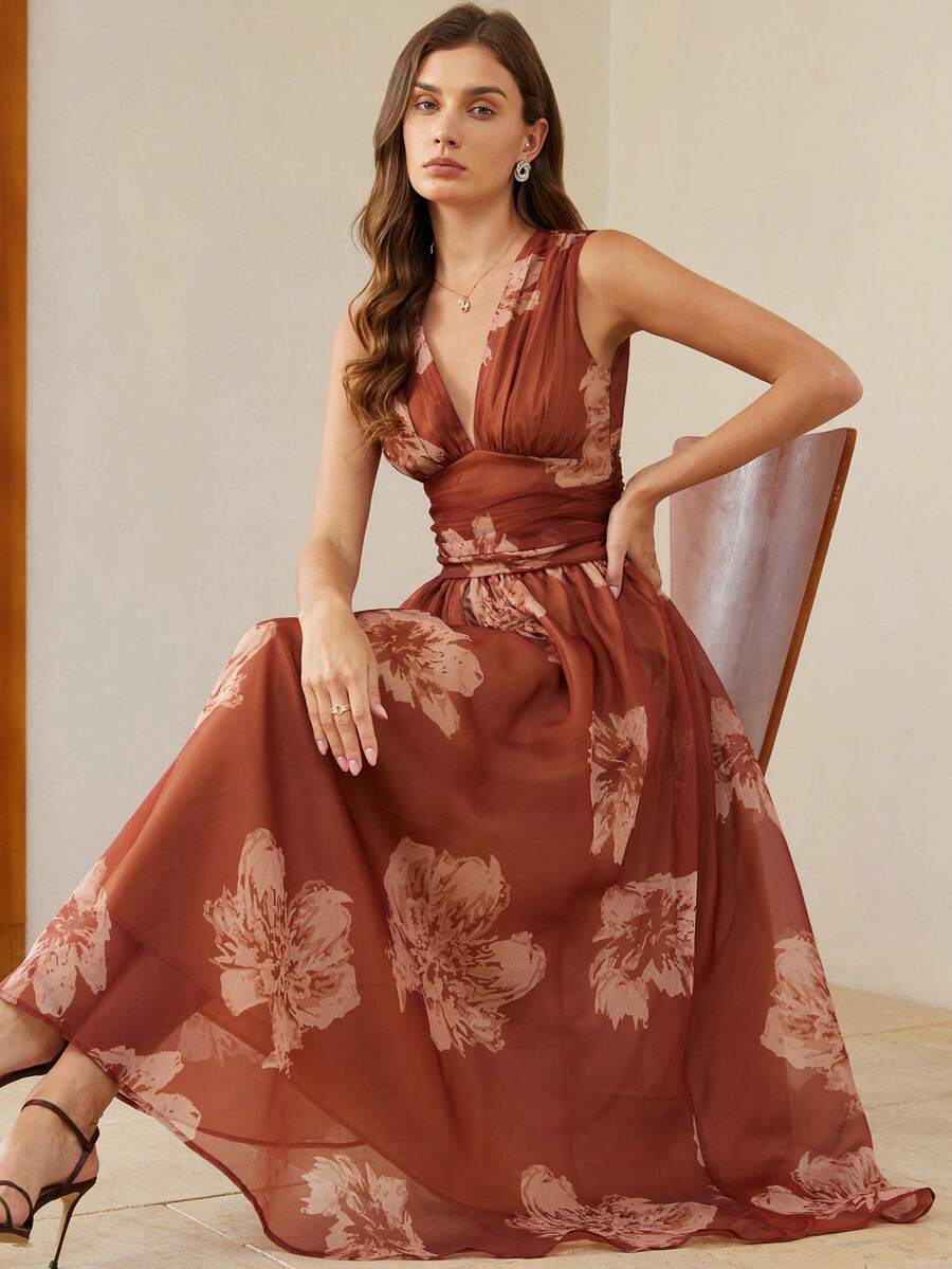 Aveloria Rosie 优雅雪纺连衣裙，浪漫花卉印花，V领，收腰设计，喇叭裙摆，优雅迷人。 - 彩色 - 查看 1