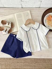 SHEIN Set de 2 piezas Ropa de niño bebé primavera/verano fresca y linda con rayas verdes, incluye camisa de manga corta con cuello y pantalones cortos verdes, adecuado para eventos elegantes, invitado de boda, paje, portador de anillos, boda, cumpleaños, bautizo y baby shower - Azul - Ver 5