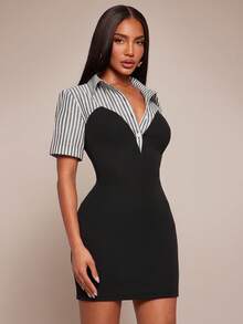 Radiana Women's Elegant Black And White Striped 2 In 1 Shirt Dress,Summer Office Business Casual Bodycon Mini Dress,Short Sleeve Stretchy Knit Work Outfits - Black - View 4