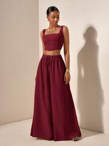 Zivah 新款春夏度假休闲鱼骨吊带上衣和阔腿裤两件套，带口袋，纹理面料 - 酒紅色 - 查看 3