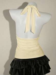 SHEIN ICON 95%纯棉深V领露背系带A字吊带背心，黄色 - 淡黃色 - 查看 2