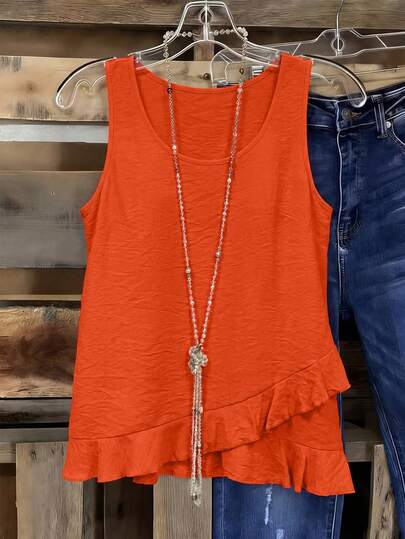 Linhara Plus-Size Women's Solid-Color Round-Neck Camisole With Loose, Ruffled Hem - A Plain, Casual Tank Top With A Flounced Hem, Perfect For Summer Wear - A "Sweet-And-Edgy" Retro-Style Orange Casual Top.