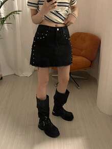 DAZY Women's Distressed Denim Skirt, Korean Street Style - Black - View 5