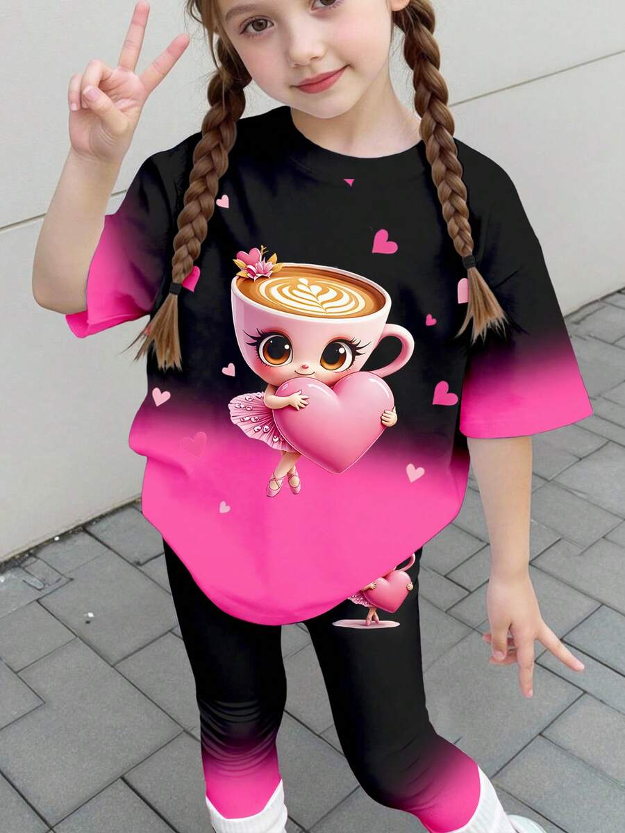 SHEIN 少女卡通印花圆领短袖T恤和裤子休闲日常穿搭 - 彩色 - 查看 1