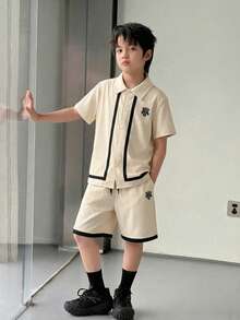 Genkimix Kids 2pcs/Set Teenage Boys' Casual Apricot Shirt And Shorts Set,Black And White Striped,Soft Fabric,Summer Outfits,School,Back-To-School Clothing For Kids - Apricot - View 4