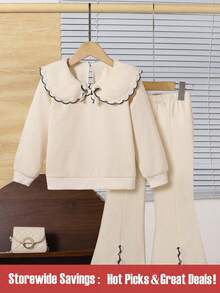 SHEIN Young Girl' Sweet & Cute Long Sleeve Peter Pan Collar Sweatshirt, Paired With Apricot Flared Pants Set, Fashionable & Minimalist For Commuting, Autumn/Winter Fall - Apricot - View 1