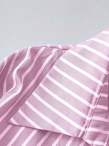 SHEIN LUNE 不对称腰身显瘦条纹长袖女式衬衫 - 粉色 - 查看 4