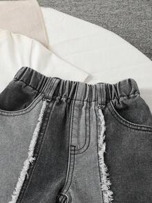 SHEIN Explorewe Young BoyPersonalized Street Versatile Bottom Patchwork Design Distressed Jeans - Black - View 5