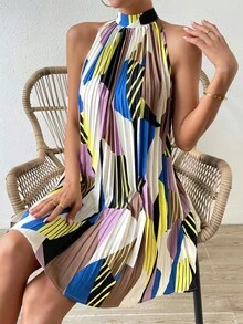Breezaya 女士夏季海滩度假风拼接印花露背吊带褶皱宽松短裙 - 彩色 - 查看 6