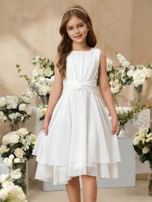 SHEIN Đầm midi không tay màu tím nhạt thanh lịch, xinh xắn dành cho bé gái, thích hợp cho tiệc tùng, lễ hội, các dịp trang trọng, bé gái cầm hoa, sinh nhật, biểu diễn. - trắng - Xem 7
