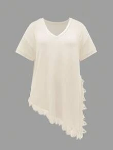 INAWLY 大码女式V领短袖蕾丝不对称下摆上衣 - 杏色 - 查看 4