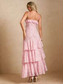 Enchnt 女士镂空拼接荷叶边下摆优雅吊带裙 - 粉色 - 查看 2