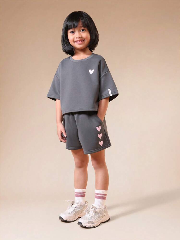 Girls Oversized Crop Sweatshirt And High Rise Shorts Set With Lifestyle Statement Print Back Casual Coordinate Outfit Spring Summer