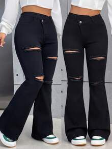 SHEIN PETITE 夏季小码女式低腰修身喇叭牛仔裤 高腰黑色破洞喇叭牛仔裤 女式破洞毛边靴型牛仔裤 深灰色牛仔裤 女式黑色牛仔裤 黑色裤子 小码女装 黑色裤子 女式高腰喇叭牛仔裤 乡村音乐会服装 喇叭修身牛仔裤 - 黑色 - 查看 1