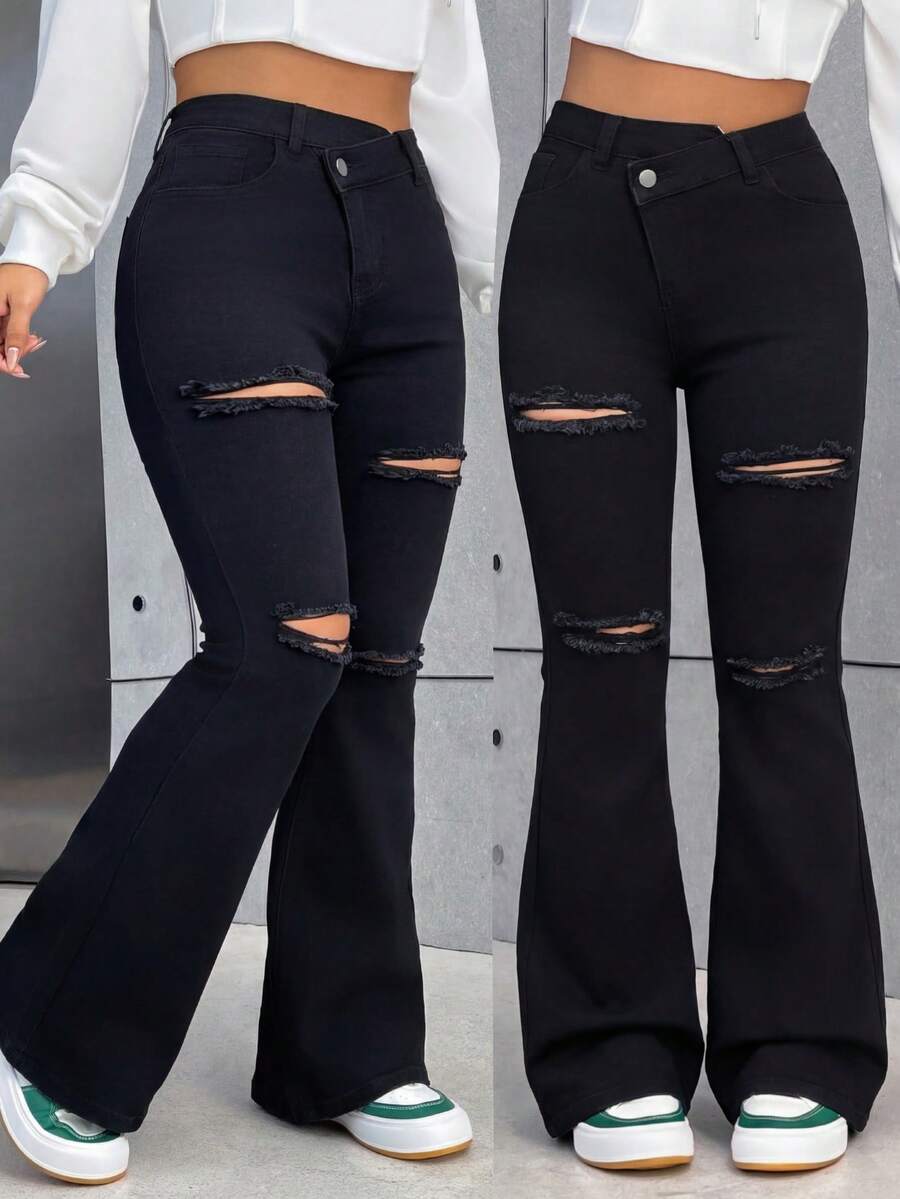 SHEIN PETITE 夏季小码女式低腰修身喇叭牛仔裤 高腰黑色破洞喇叭牛仔裤 女式破洞毛边靴型牛仔裤 深灰色牛仔裤 女式黑色牛仔裤 黑色裤子 小码女装 黑色裤子 女式高腰喇叭牛仔裤 乡村音乐会服装 喇叭修身牛仔裤 - 黑色 - 查看 1