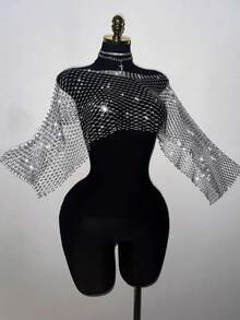 EgrlEra Women's Fishnet Rhinestone Cropped Top, Suitable For Holiday Party Outfits - Light Grey - View 6