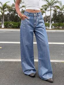 SHEIN ICON Women's Straight Loose Casual Versatile Jeans With Pockets - Blue - View 4