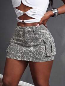 Slaydiva 女士豹纹工装口袋时尚牛仔迷你裙 - 彩色 - 查看 4