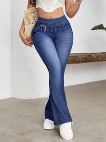 Flexra Women's Casual Washed Slim Fit Flare Jeans With Belt - Blue - View 7