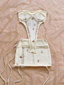 Soleia 女士纯色贝壳装饰抹胸上衣和迷你裙针织套装，时尚日常穿着 - 米色 - 查看 4