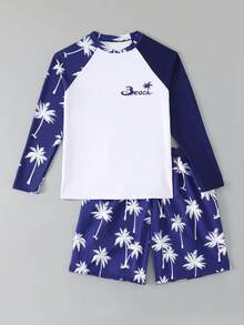 SHEIN 青少年男童热带冲浪风泳衣，藏青色和深蓝色底色，饰以白色棕榈树印花，长袖，时尚休闲，清爽舒适，适合游泳、夏季度假、海滩和泳池派对。 - 藏蓝色 - 查看 7