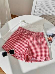 SHEIN EZwear 2 chiếc quần short nữ kẻ caro và màu trơn, thắt eo, xếp ly, kiểu dáng ngọt ngào dễ thương. - Nhiều màu - Xem 11