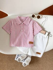 SHEIN Baby Boy Fresh Striped Short Sleeve Set,White,Summer,Casual,Family Matching Minimalist Classic Collar Button Puff Sleeve Top With Matching Shorts - Red - View 1