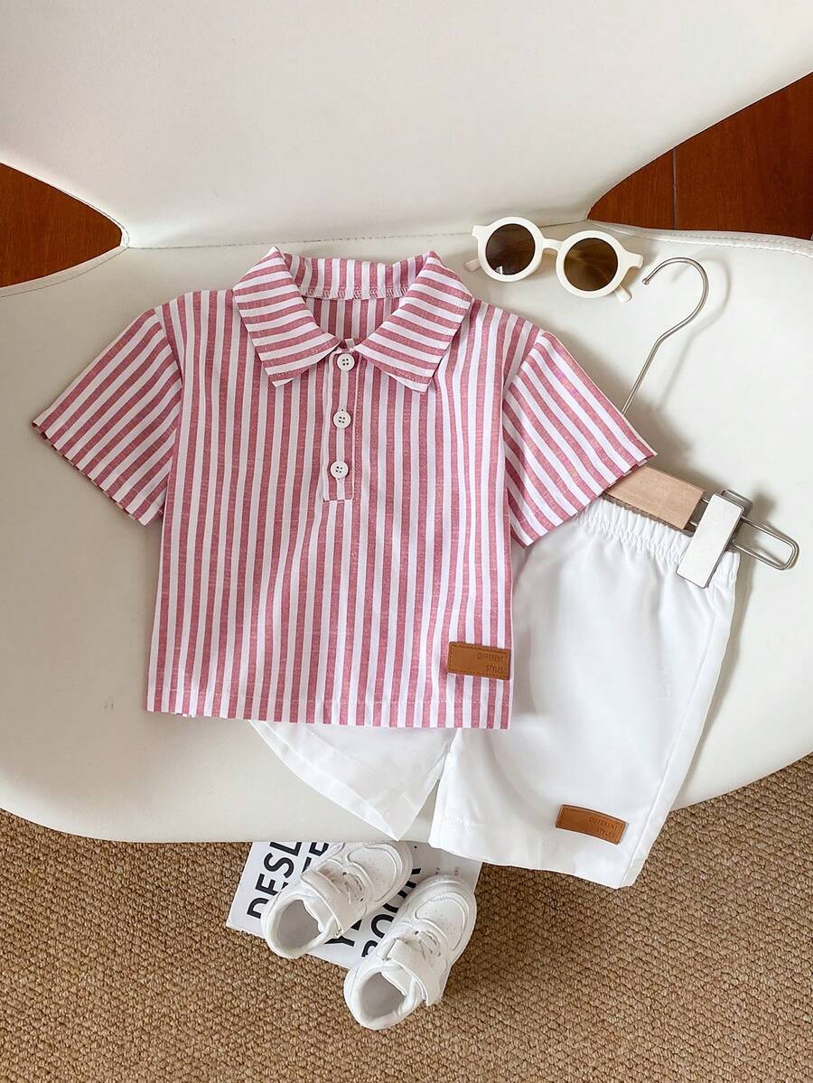 SHEIN Baby Boy Fresh Striped Short Sleeve Set,White,Summer,Casual,Family Matching Minimalist Classic Collar Button Puff Sleeve Top With Matching Shorts - Red - View 1