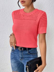 EMERY ROSE 女士圆领纯色短袖针织上衣，适合夏季和新年穿着 - 西瓜粉 - 查看 4