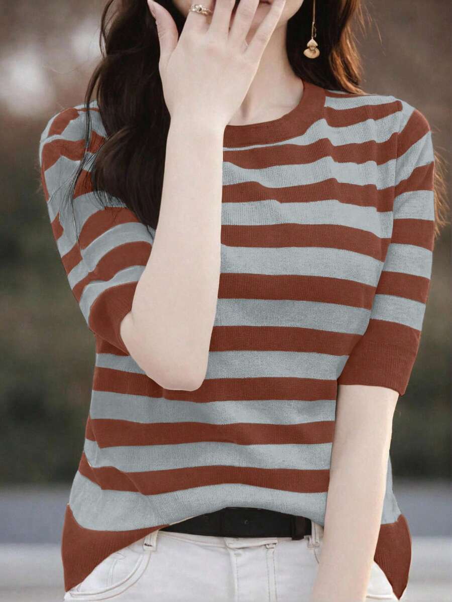 EMERY ROSE Women's Casual Striped Short Sleeve Pullover Sweater - Rust Brown - View 1