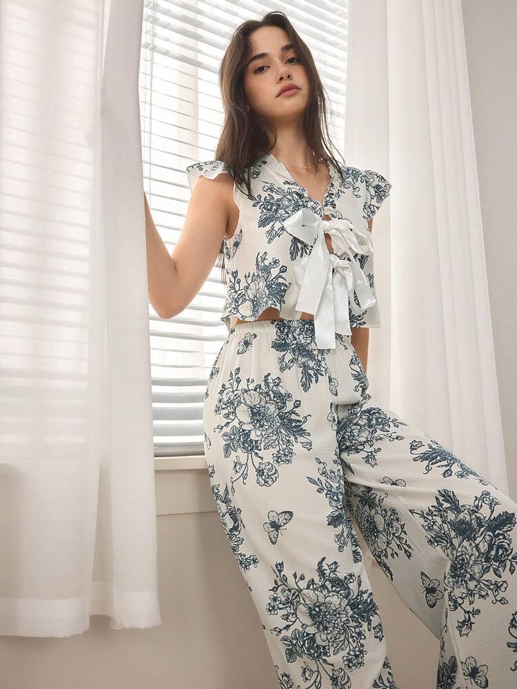 Ocili 波西米亚风深V领无袖睡衣套装，女士多色随机印花长裤，荷叶边细节，夏季两件套睡衣，碎花睡衣套装，夏季休闲套装，女士睡衣 - 彩色 - 查看 6