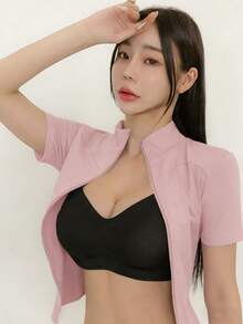 DAZY Women's Solid Color Elastic Mock Neck Fitted Long Sleeve Jacket, Casual Sports, Spring/Autumn Summer - Pink - View 3