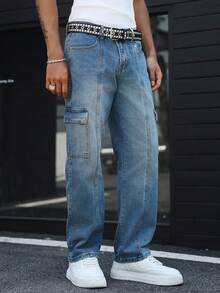 Manfinity EMRG 休闲水洗蓝色宽松直筒工装牛仔裤，带大口袋，春夏款 - 藍色 - 查看 6