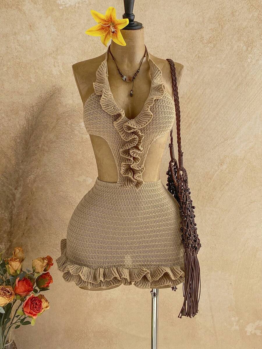 Soleia 性感假日卡其色3D立体花卉装饰荷叶边下摆毛衣连衣裙,适合海滩、邮轮、公路旅行、度假、约会、下午茶、假期、音乐节、波西米亚风、夏季连衣裙、派对等场合。 - 卡其色 - 查看 1