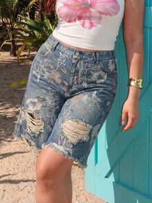 ROMWE Fairycore Summer Outfits Vintage Floral Print Washed Plus Size Women Loose Wide Leg Cropped Jeans - Blue - View 8