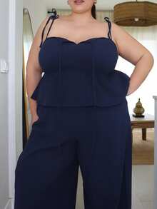 Pretty and Ole Navy Blue Casual Plus Size Women 2 Pieces Set: Camisole Top And Pants Casual Two Piece Set Cotton Two Piece Set Comfortable Two Piece Set - Navy Blue - View 3