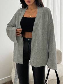 EURMUSE 1pc Women's Solid Loose Drop Shoulder Long Sleeve Casual Cardigan, Autumn/Winter - Grey - View 6