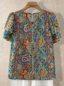 SHEIN LUNE CURVE 大码女式纯色圆领双层袖短袖休闲衬衫，休闲时尚百搭褶皱夏季度假女士上衣 - 彩色 - 查看 2