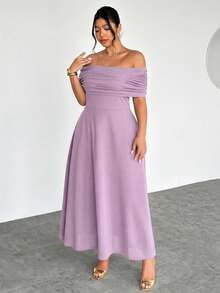 Firerie Plus Size Women's Elegant Minimalist Sophisticated Romantic Fashion Sexy Lady Holiday/Work Occasion Off-Shoulder High Waist A-Line Long Dress - Mauve Purple - View 3