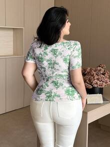 Vibekara Camiseta de manga corta con cordón, estampado gráfico y acanalado, talla grande - Verde - Ver 2